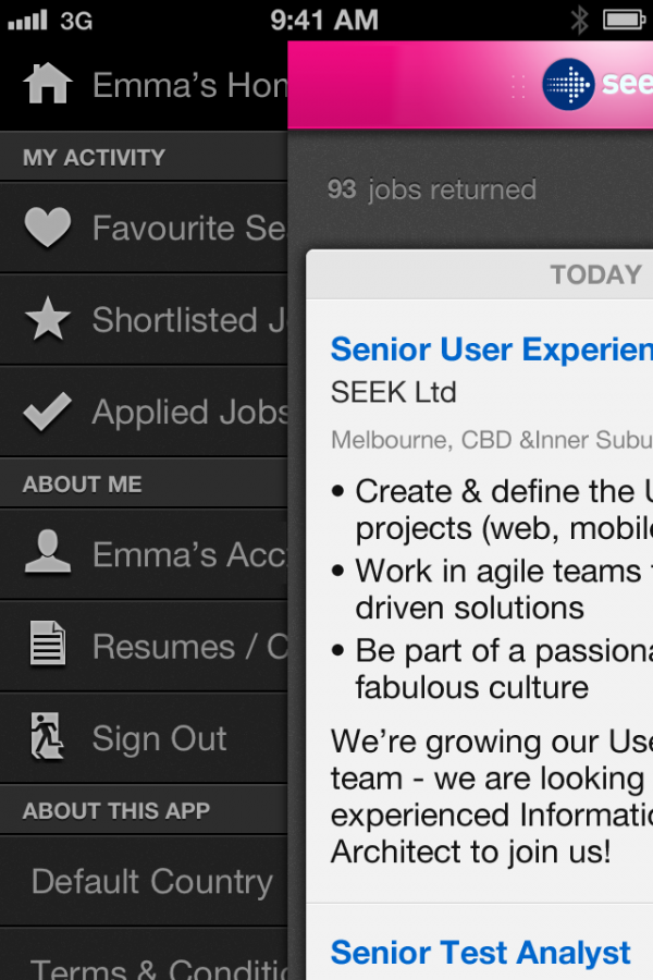 SEEK Jobs app for iPhone Finalist 2012 Mobile Awards