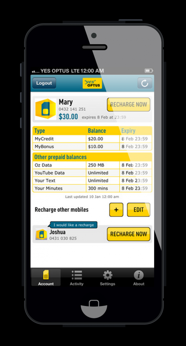 Optus Recharge Now App - Finalist - 2013 Mobile Awards